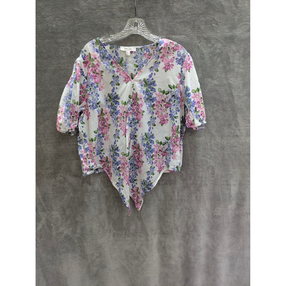 Cottagecore Floral Blouse Womens Large White Purple Tie Front Bloomcore Casual‎